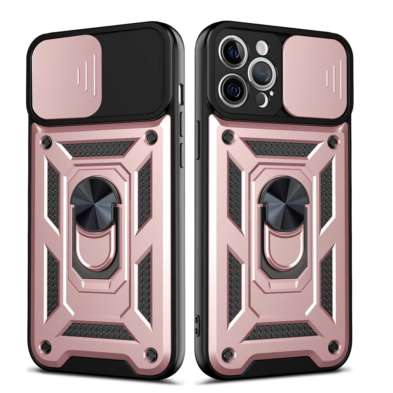 Kickstand Ring Holder with Slide Camera Cover TPU Shockproof Case and Magnetic Car Mount for APPLE IPHONE 12/IPHONE 12 PRO In Rose Gold