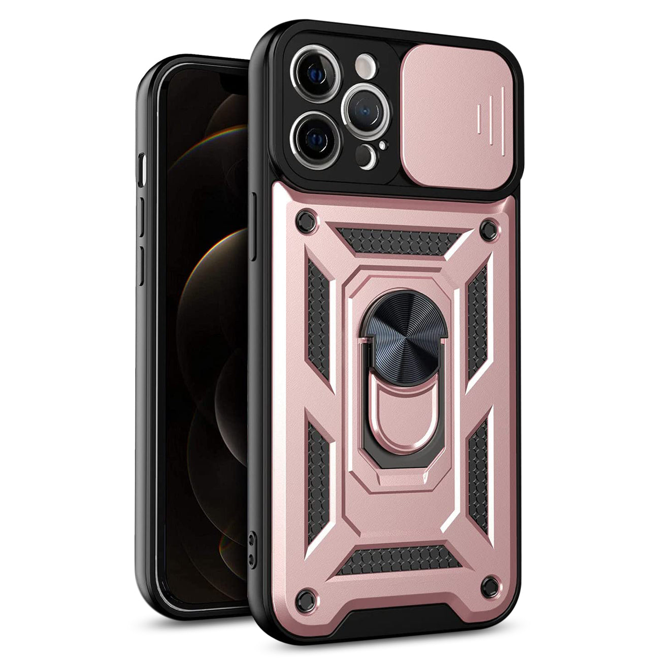 Kickstand Ring Holder with Slide Camera Cover TPU Shockproof Case and Magnetic Car Mount for APPLE IPHONE 12/IPHONE 12 PRO In Rose Gold