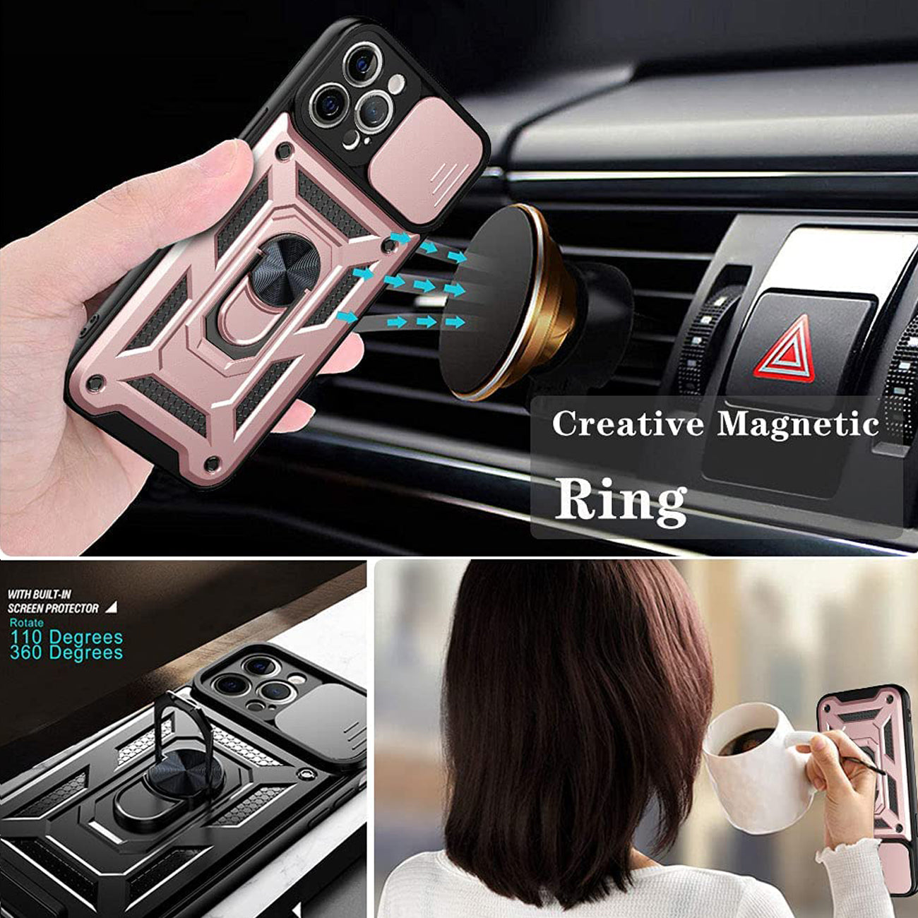 Kickstand Ring Holder with Slide Camera Cover TPU Shockproof Case and Magnetic Car Mount for APPLE IPHONE 12/IPHONE 12 PRO In Rose Gold