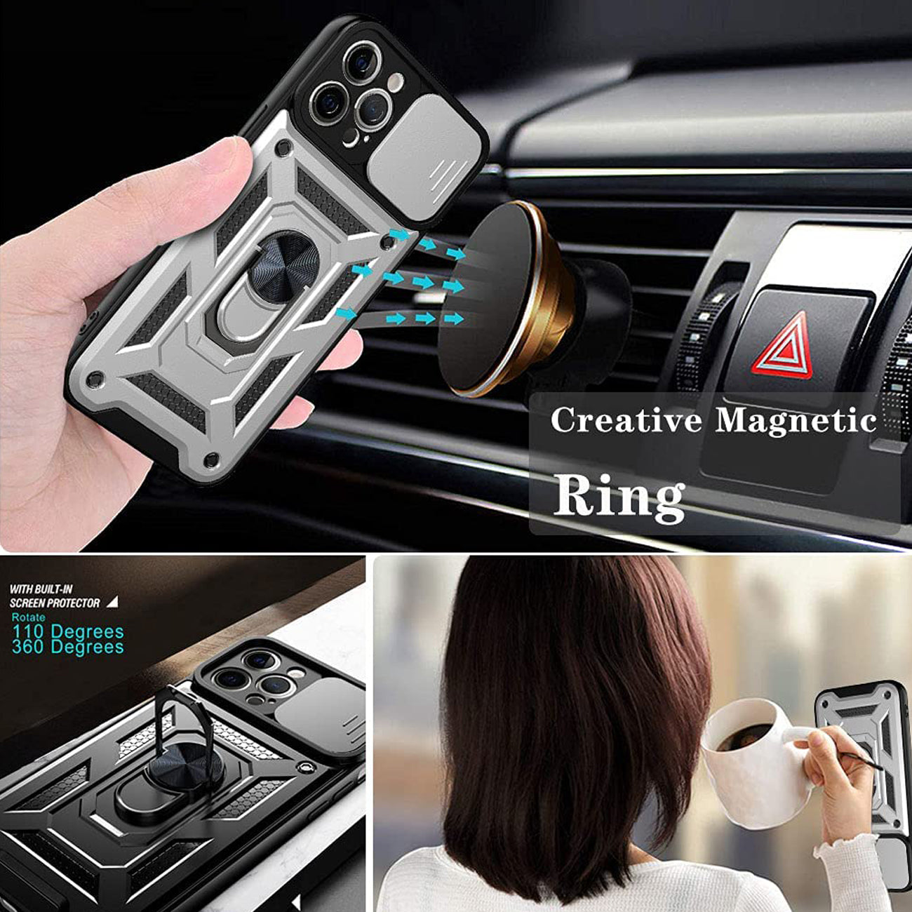 Kickstand Ring Holder with Slide Camera Cover TPU Shockproof Case and Magnetic Car Mount for APPLE IPHONE 12/IPHONE 12 PRO In Silver