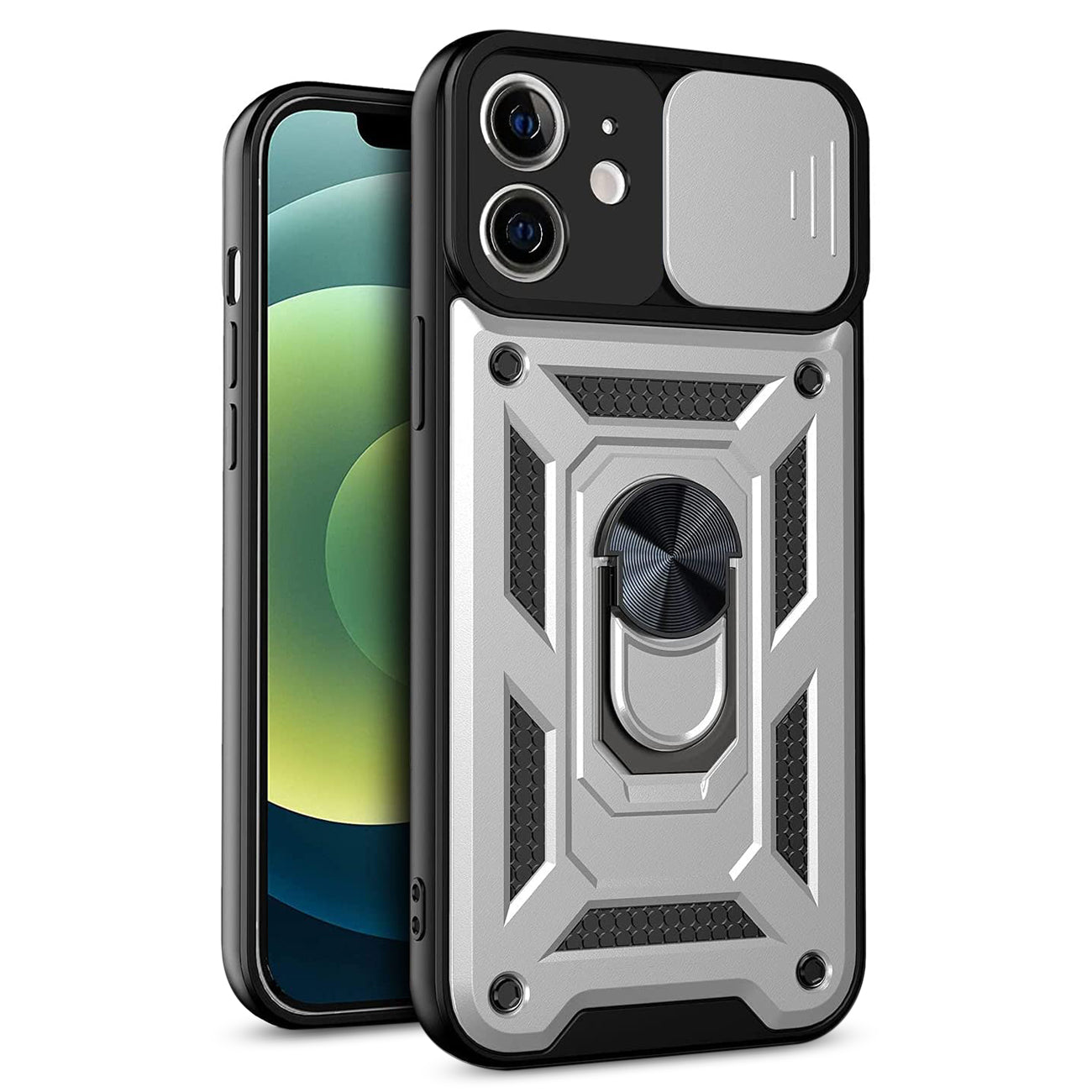 Kickstand Ring Holder with Slide Camera Cover TPU Shockproof Case and Magnetic Car Mount for APPLE IPHONE 12/IPHONE 12 PRO In Silver