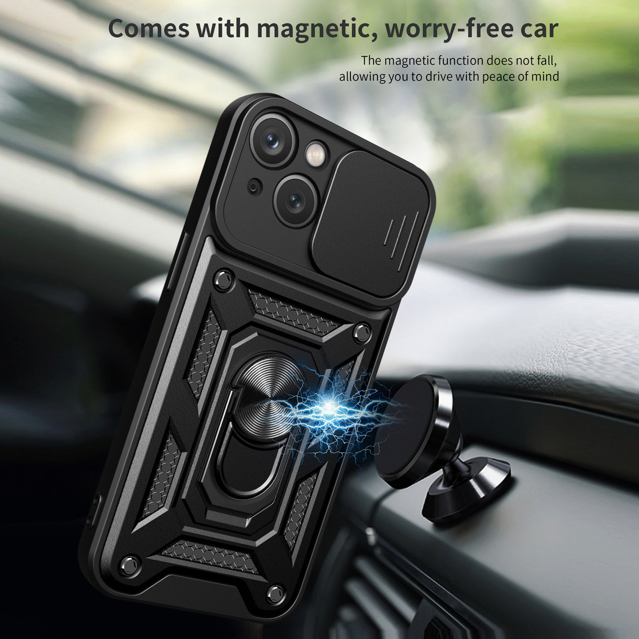Kickstand Ring Holder with Slide Camera Cover TPU Magnetic Car Mount for APPLE IPHONE 14 In Black