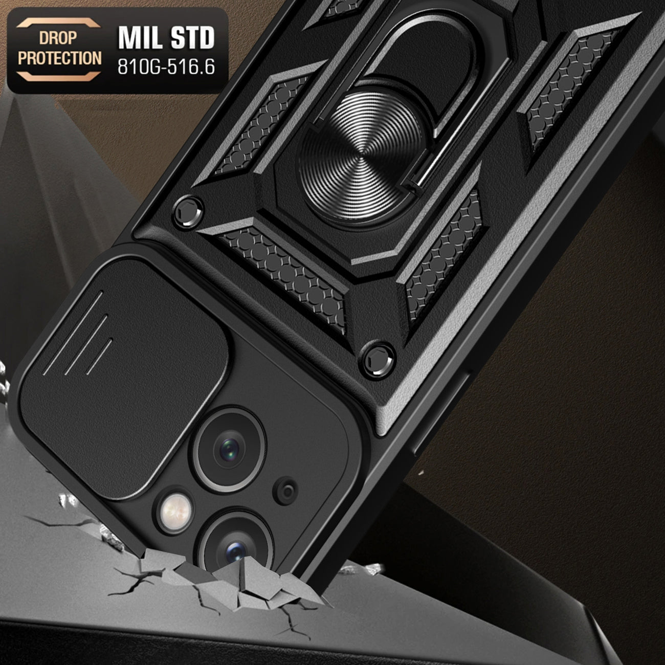 Kickstand Ring Holder with Slide Camera Cover TPU Magnetic Car Mount for APPLE IPHONE 14 MAX In Black