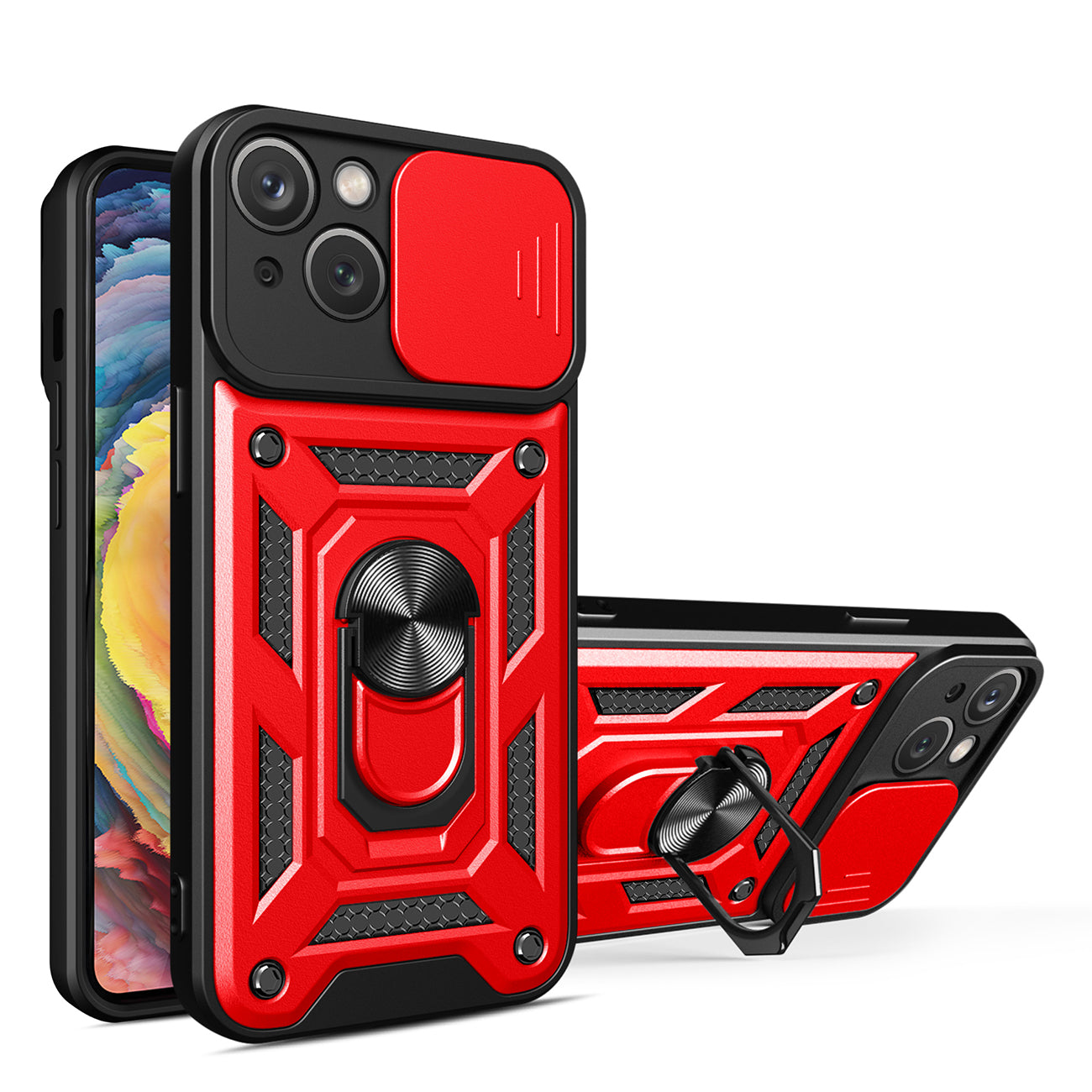 Kickstand Ring Holder with Slide Camera Cover TPU Magnetic Car Mount for APPLE IPHONE 14 MAX In Red