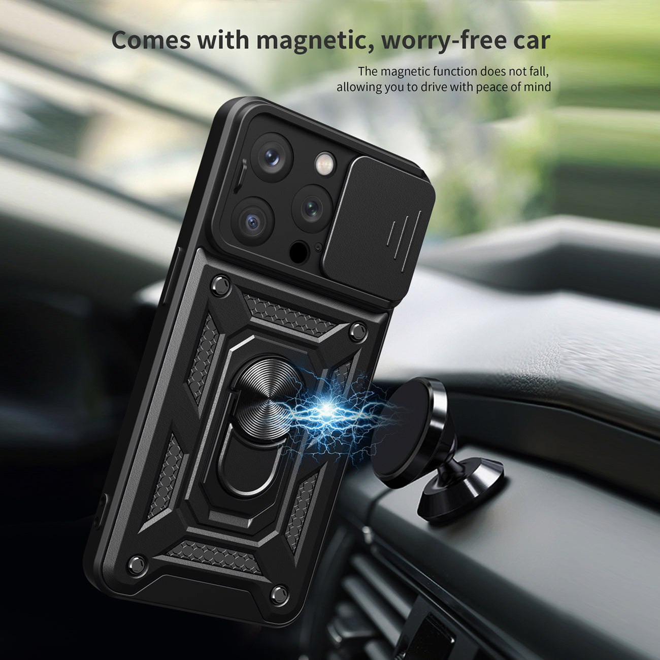 Kickstand Ring Holder with Slide Camera Cover TPU Magnetic Car Mount for APPLE IPHONE 14 PRO In Black