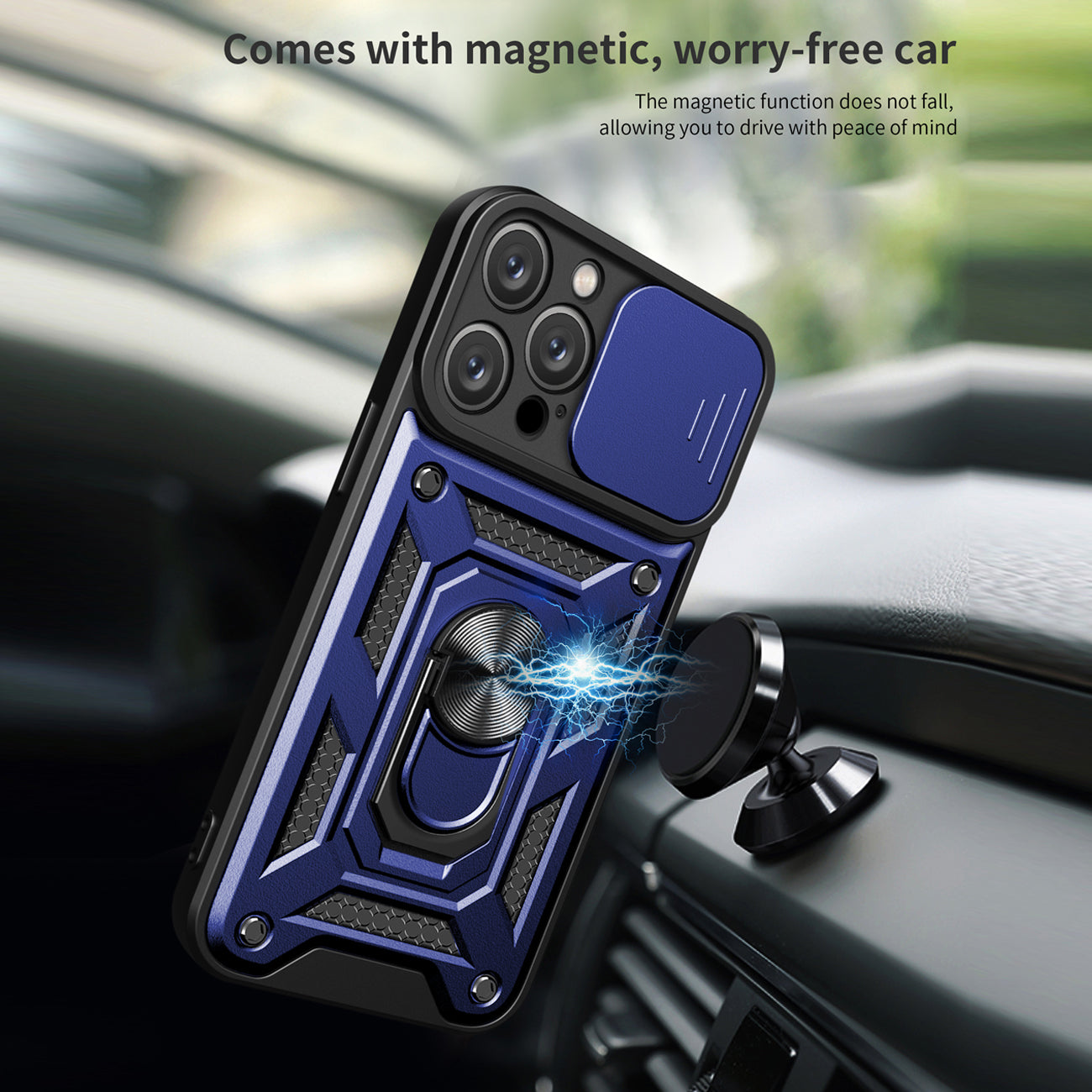 Kickstand Ring Holder with Slide Camera Cover TPU Magnetic Car Mount for APPLE IPHONE 14 PRO MAX In Blue