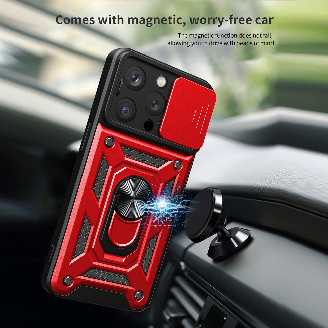 Kickstand Ring Holder with Slide Camera Cover TPU Magnetic Car Mount for APPLE IPHONE 14 PRO In Red