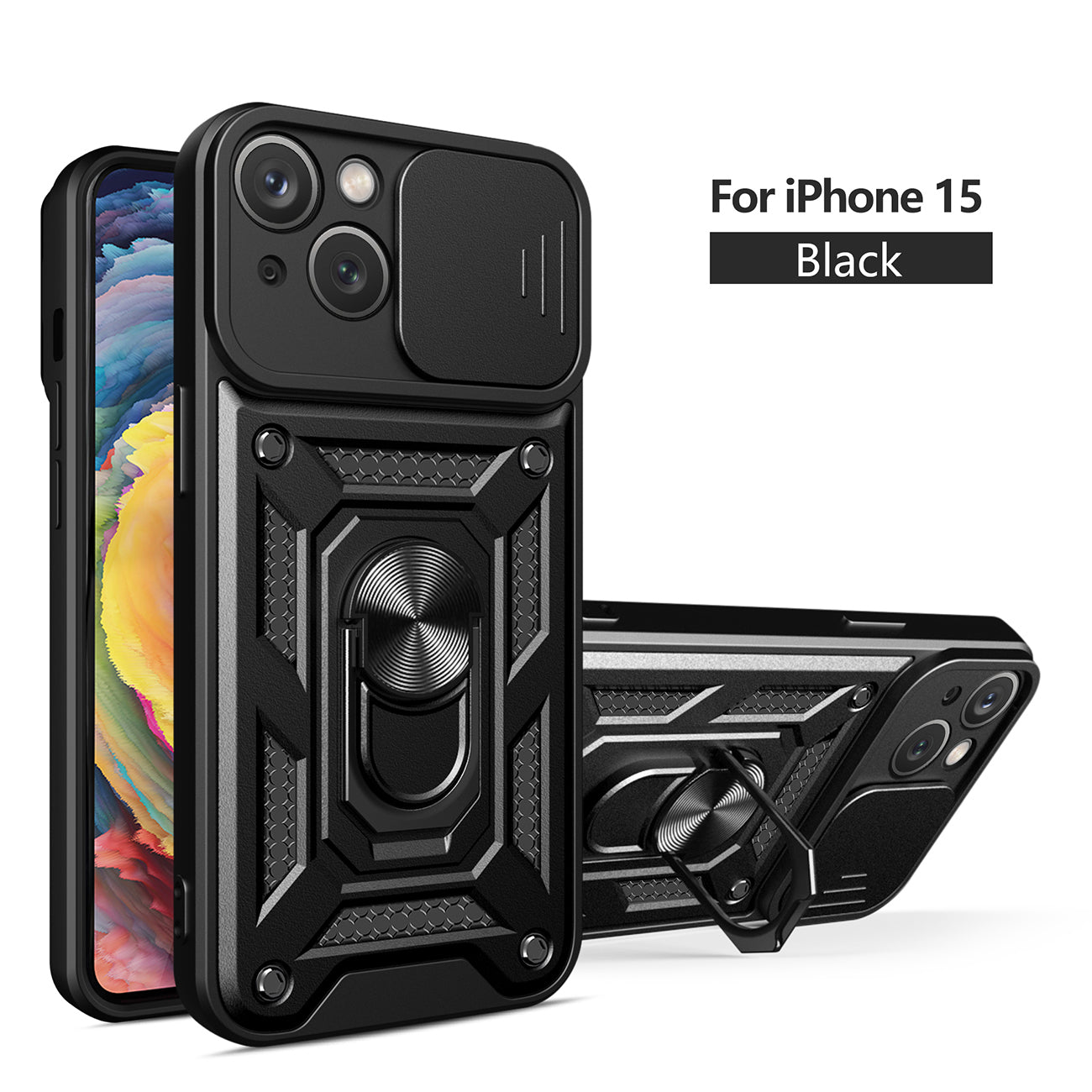 Kickstand Ring Holder with Slide Camera Cover TPU Magnetic Car Mount for APPLE IPHONE 15 In Black