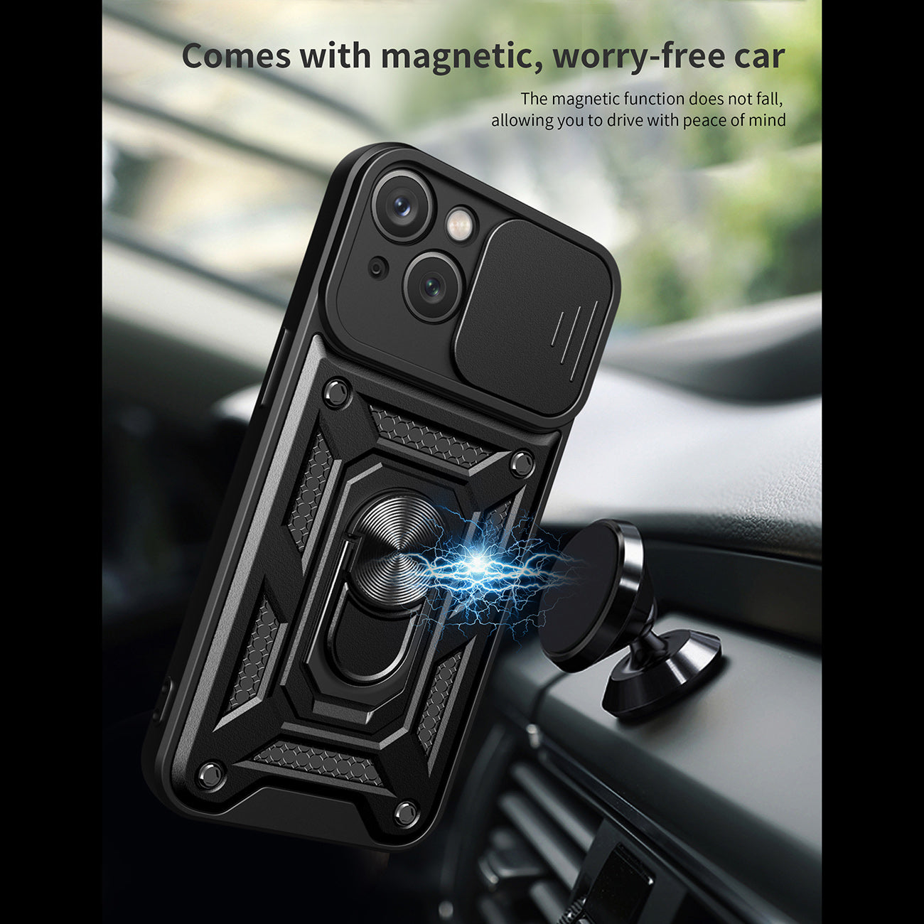 Kickstand Ring Holder with Slide Camera Cover TPU Magnetic Car Mount for APPLE IPHONE 15 In Black