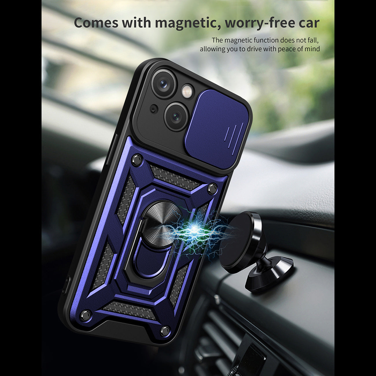Kickstand Ring Holder with Slide Camera Cover TPU Magnetic Car Mount for APPLE IPHONE 15 In Blue