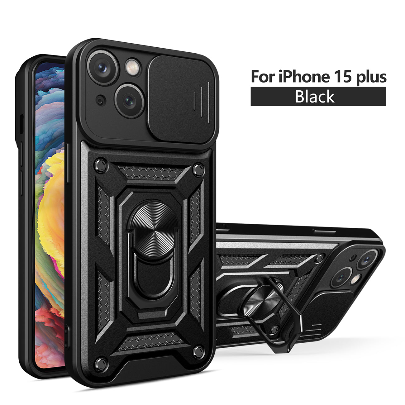 Kickstand Ring Holder with Camera Cover TPU Magnetic Car Mount for IPHONE 15 PLUS In Black