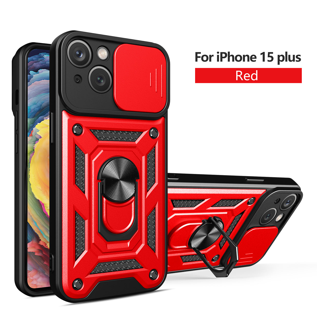 Kickstand Ring Holder with Slide Camera Cover TPU Magnetic Car Mount for APPLE IPHONE 15 PLUS In Red