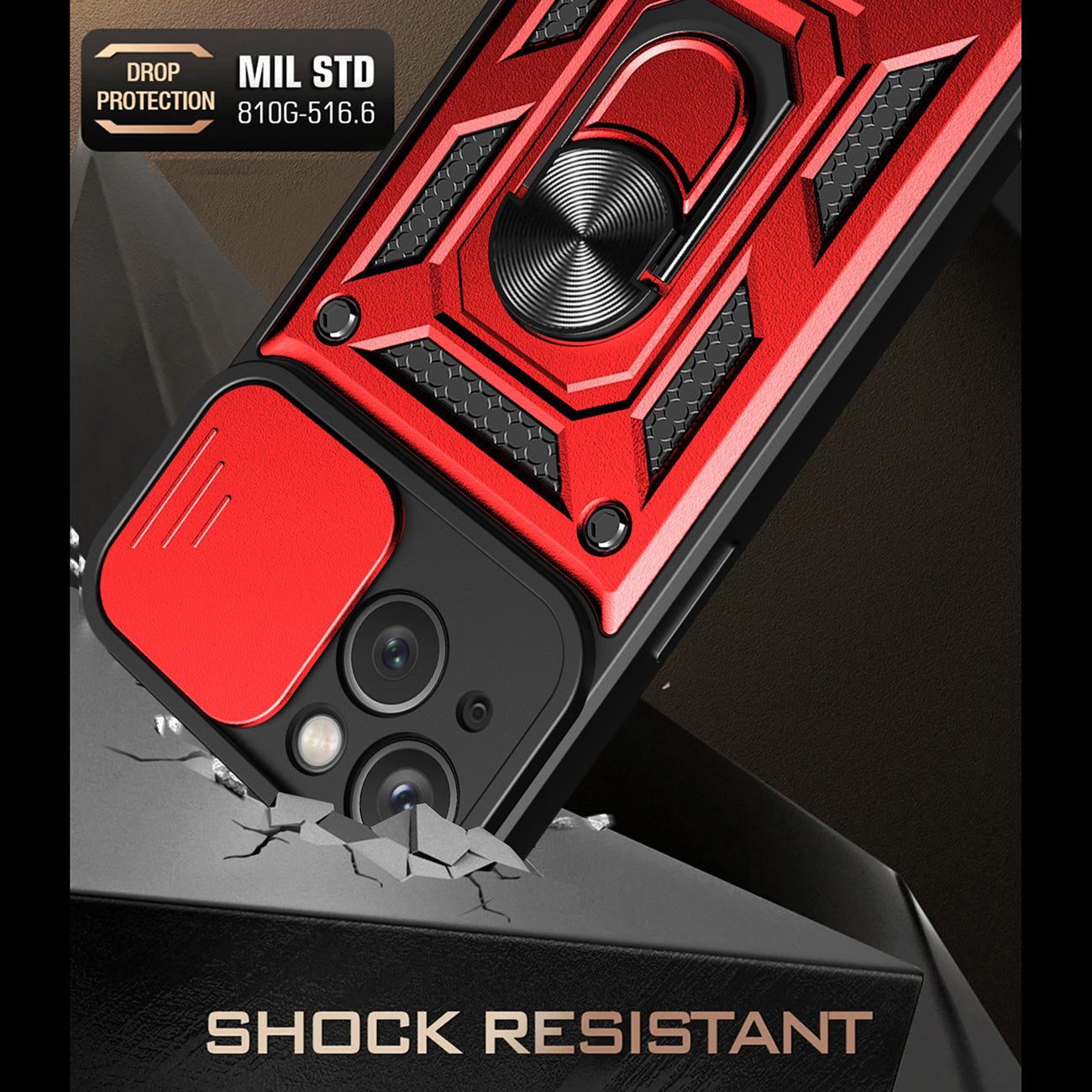 Kickstand Ring Holder with Slide Camera Cover TPU Magnetic Car Mount for APPLE IPHONE 15 PLUS In Red