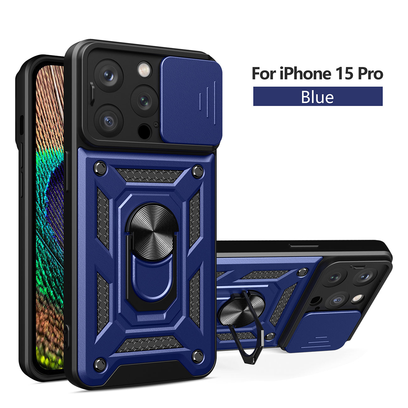 Kickstand Ring Holder with Slide Camera Cover TPU Magnetic Car Mount for APPLE IPHONE 15 PRO In Blue