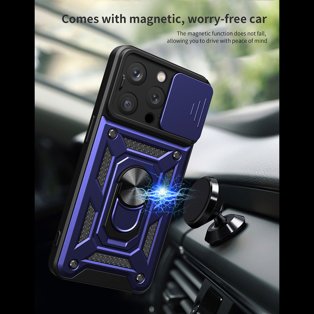 Kickstand Ring Holder with Slide Camera Cover TPU Magnetic Car Mount for APPLE IPHONE 15 PRO In Blue