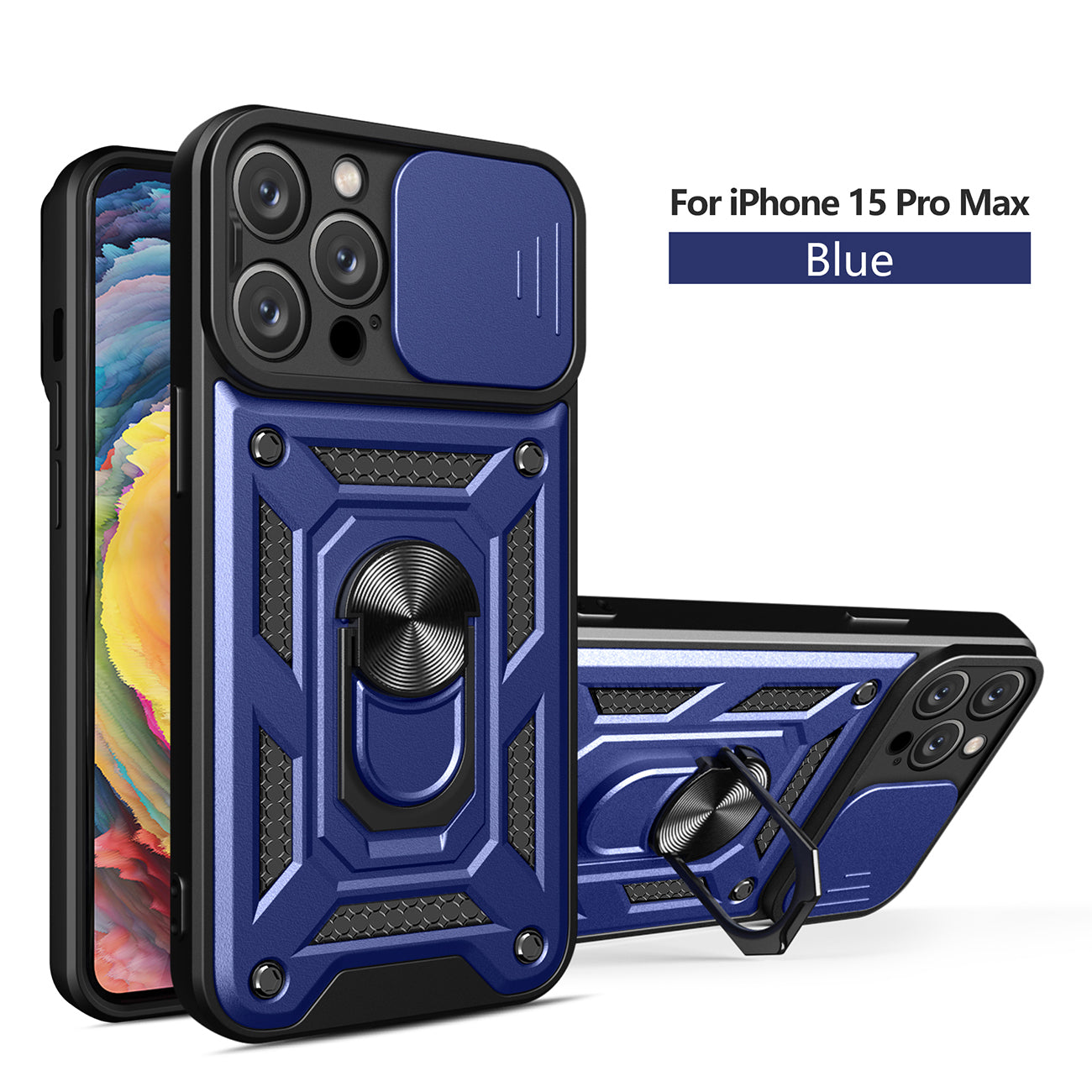Kickstand Ring Holder with Camera Cover TPU Magnetic Car Mount for IPHONE 15 PRO MAX In Blue