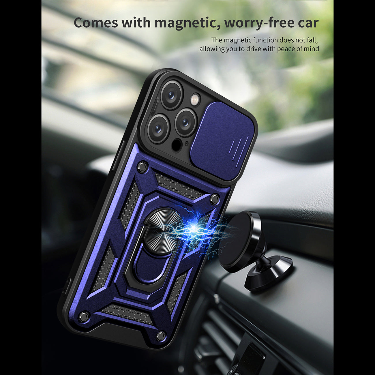 Kickstand Ring Holder with Camera Cover TPU Magnetic Car Mount for IPHONE 15 PRO MAX In Blue