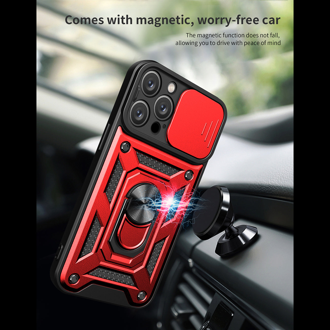 Kickstand Ring Holder with Camera Cover TPU Magnetic Car Mount for IPHONE 15 PRO MAX In Red
