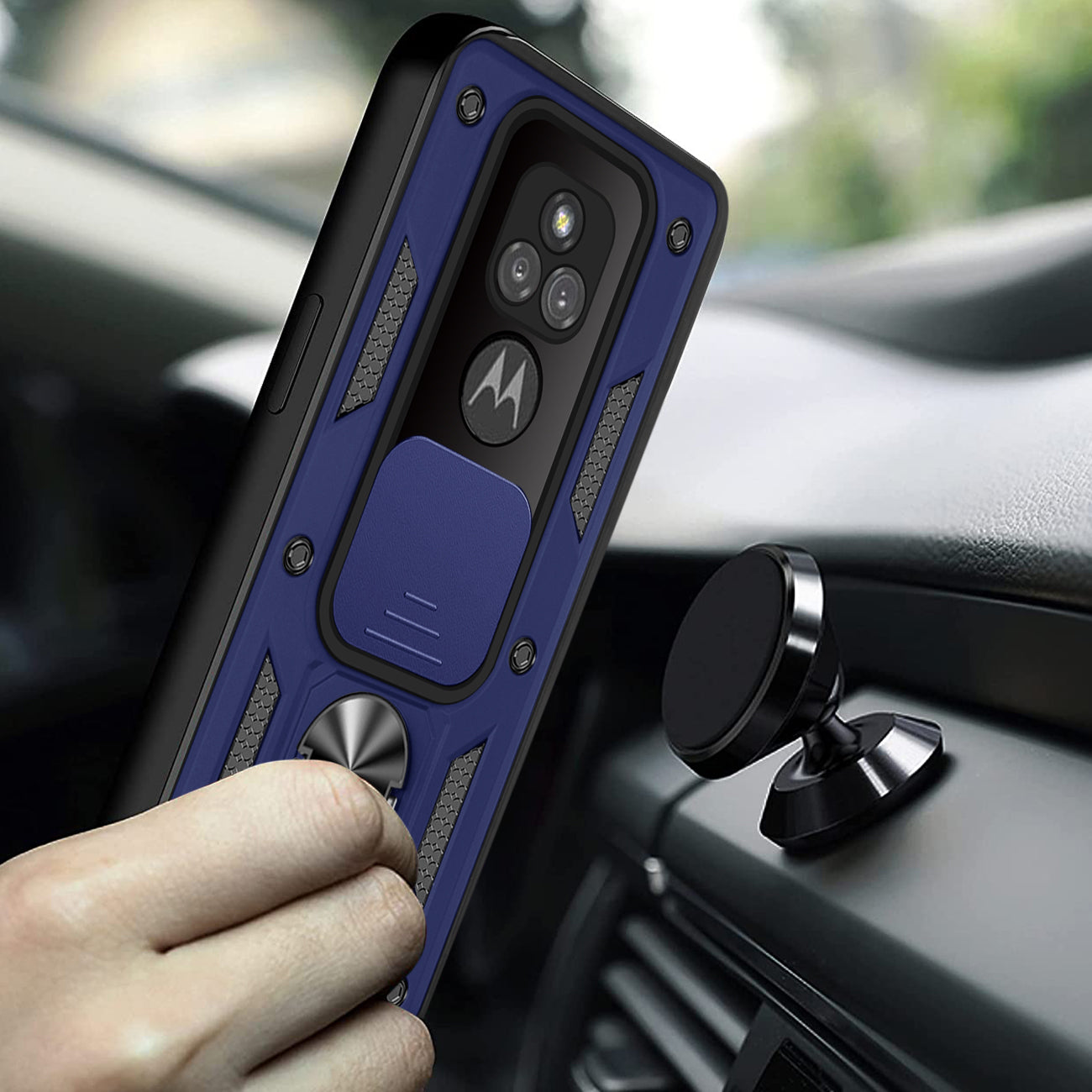Kickstand Ring Holder with Slide Camera Cover TPU Shockproof Case and Magnetic Car Mount for MOTOROLA G PLAY In Blue In Blue