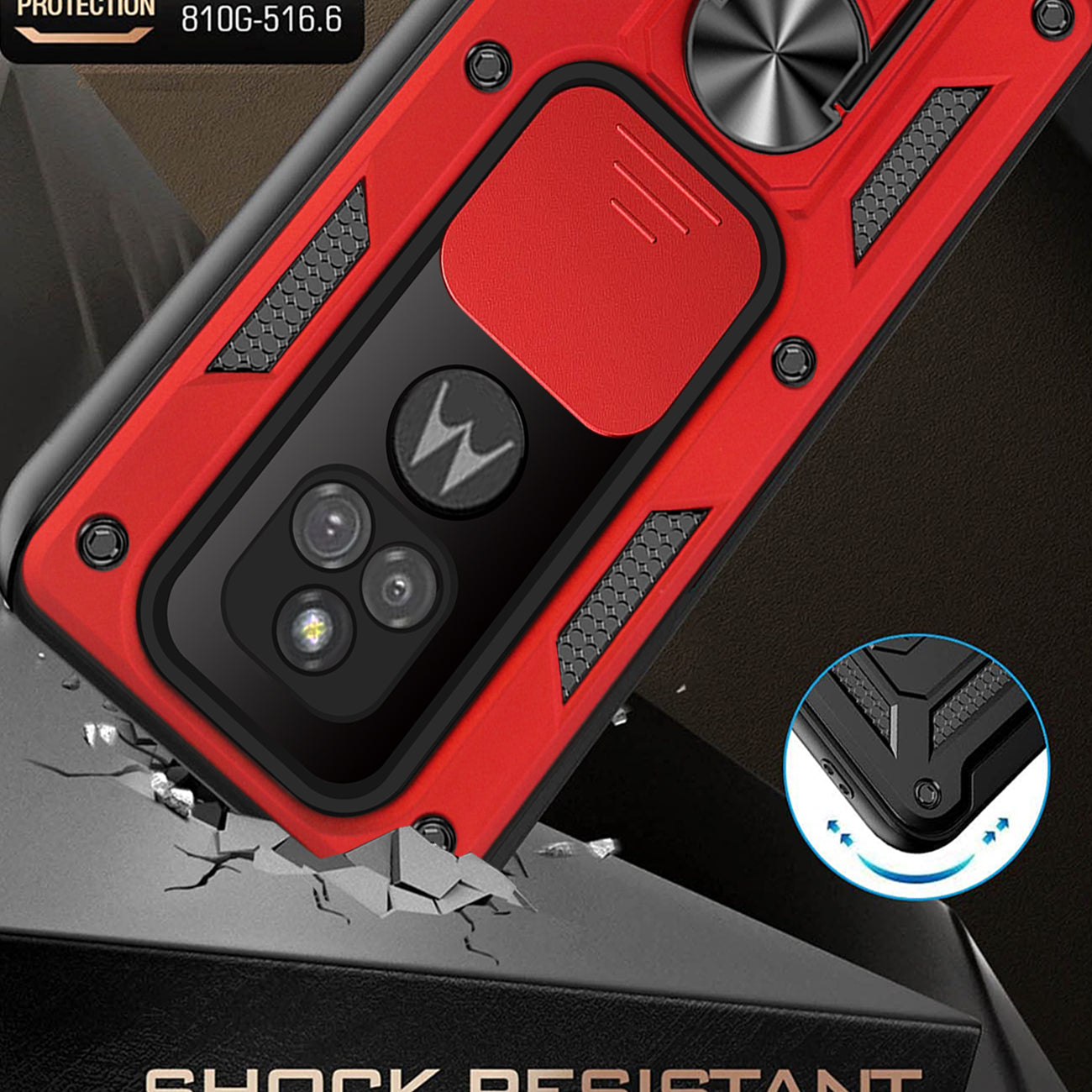 Kickstand Ring Holder with Slide Camera Cover TPU Shockproof Case and Magnetic Car Mount for MOTOROLA G PLAY In Red In Red