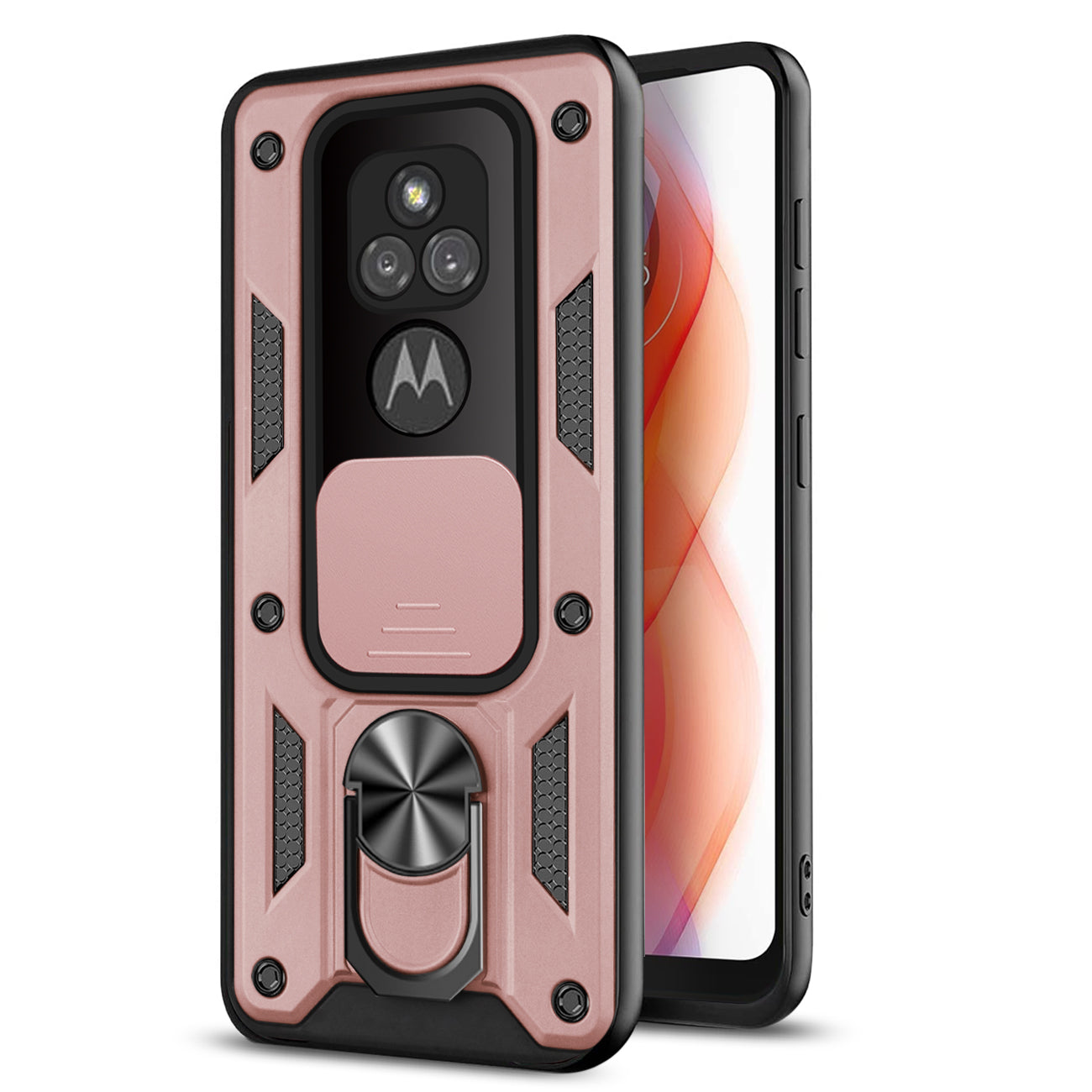 Kickstand Ring Holder with Slide Camera Cover TPU Shockproof Case and Magnetic Car Mount for MOTOROLA G PLAY In Rose Gold In Rose Gold