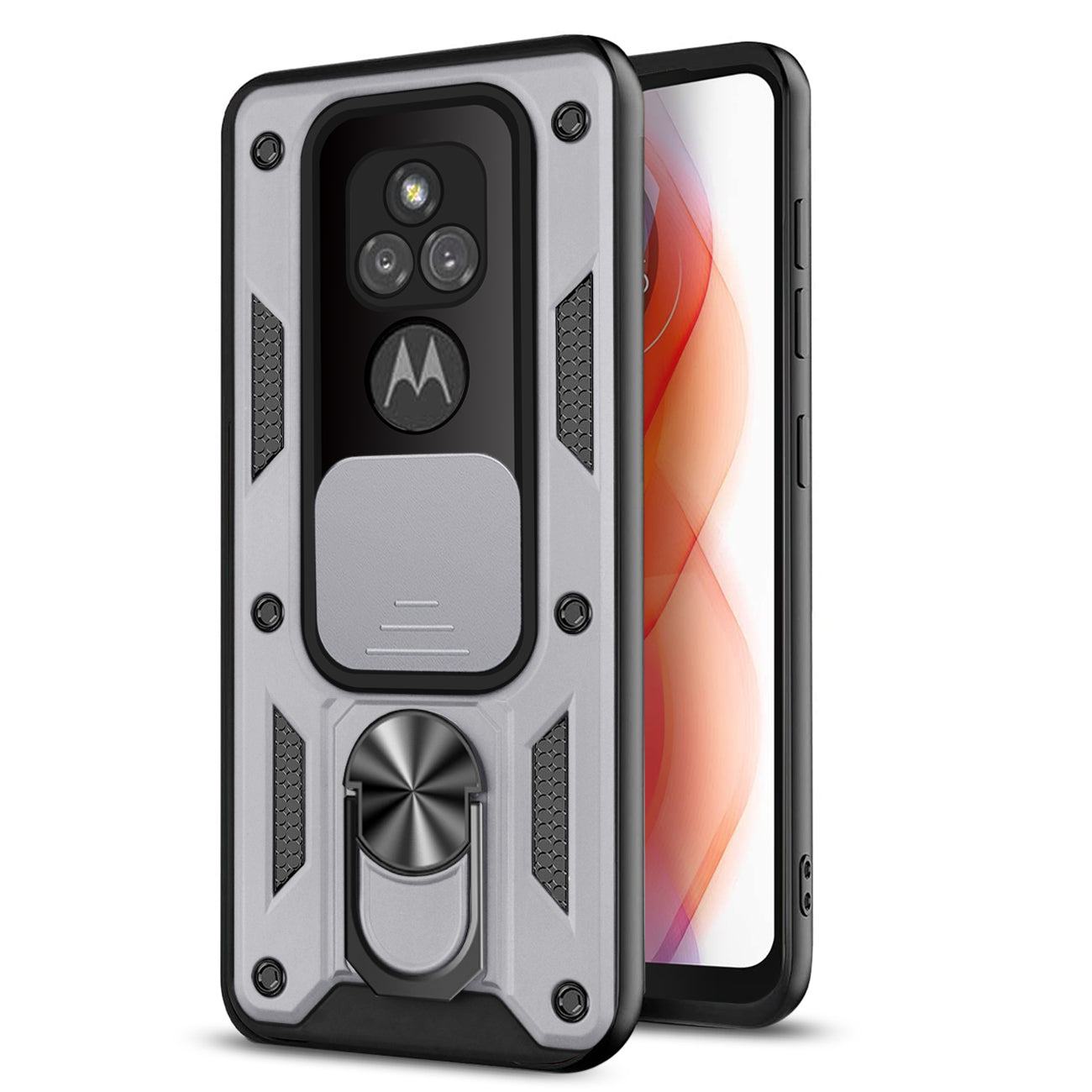Kickstand Ring Holder with Slide Camera Cover TPU Shockproof Case and Magnetic Car Mount for MOTOROLA G PLAY In Silver In Silver