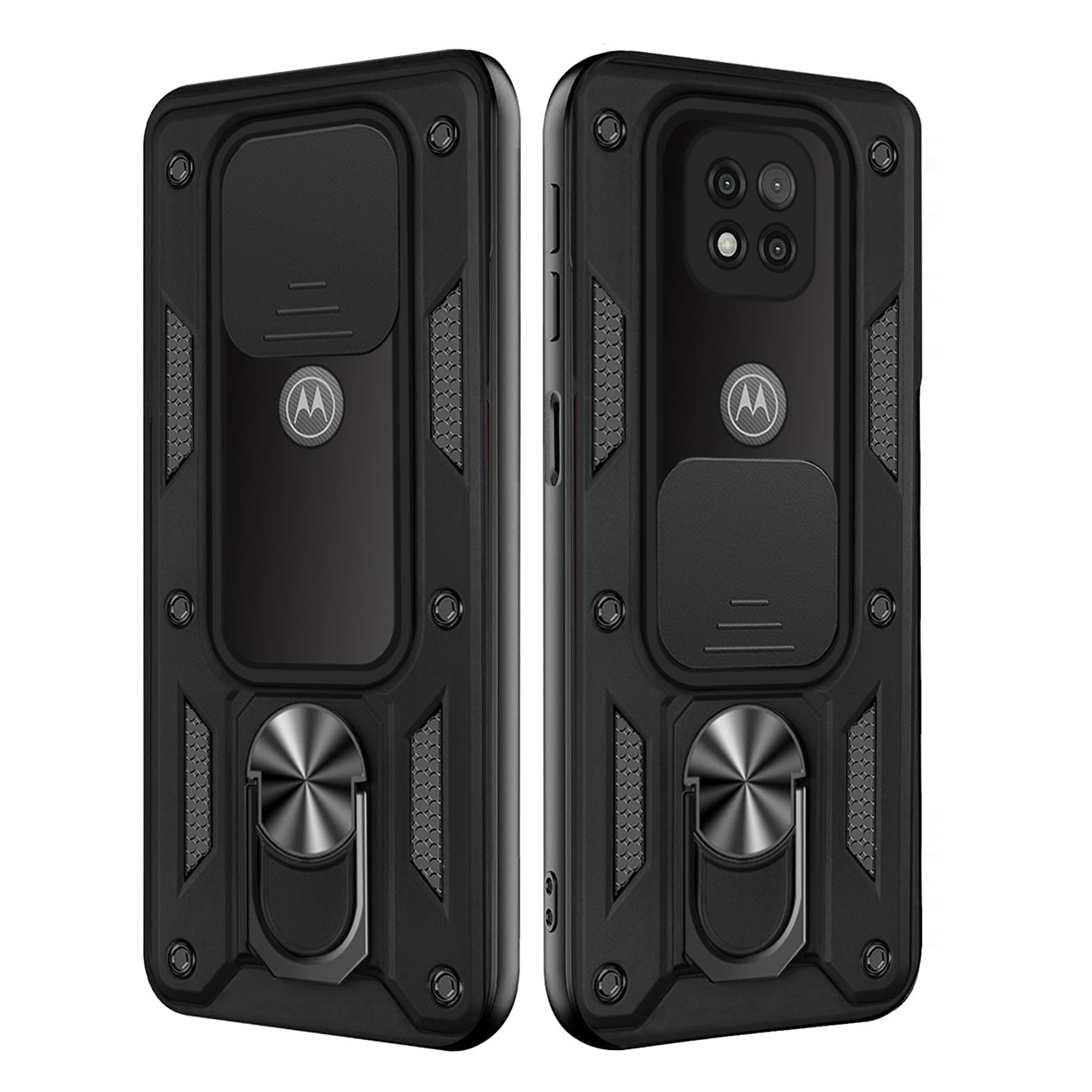 Kickstand Ring Holder with Slide Camera Cover TPU Shockproof Case and Magnetic Car Mount for MOTOROLA G POWER In Black