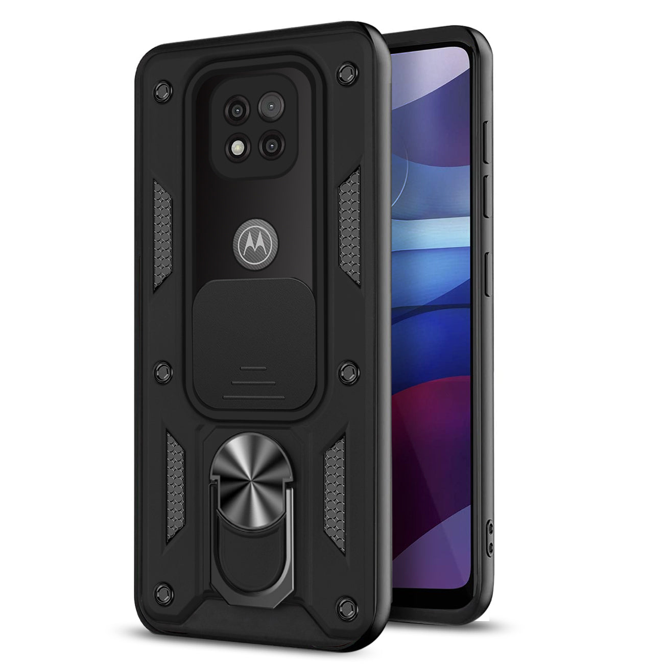 Kickstand Ring Holder with Slide Camera Cover TPU Shockproof Case and Magnetic Car Mount for MOTOROLA G POWER In Black