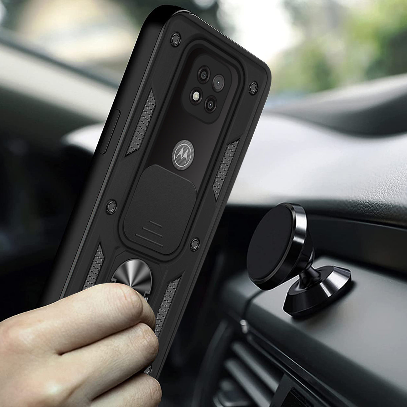 Kickstand Ring Holder with Slide Camera Cover TPU Shockproof Case and Magnetic Car Mount for MOTOROLA G POWER In Black