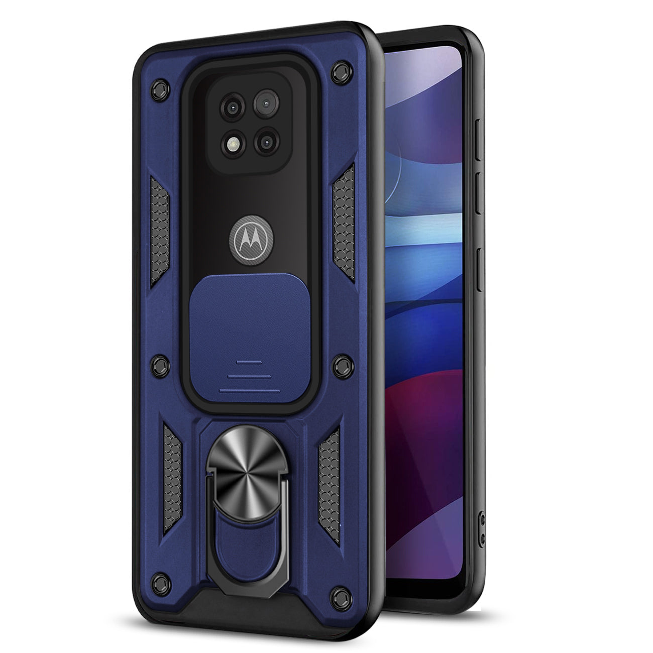 Kickstand Ring Holder with Slide Camera Cover TPU Shockproof Case and Magnetic Car Mount for MOTOROLA G POWER In Blue