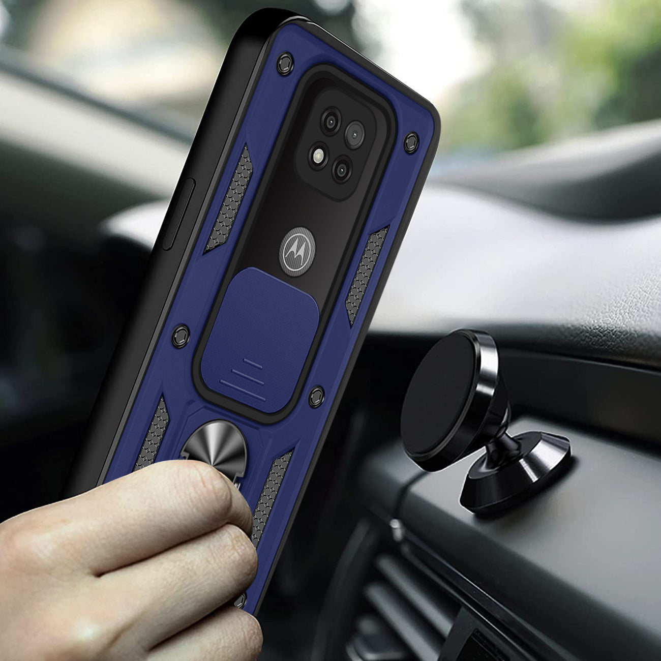 Kickstand Ring Holder with Slide Camera Cover TPU Shockproof Case and Magnetic Car Mount for MOTOROLA G POWER In Blue