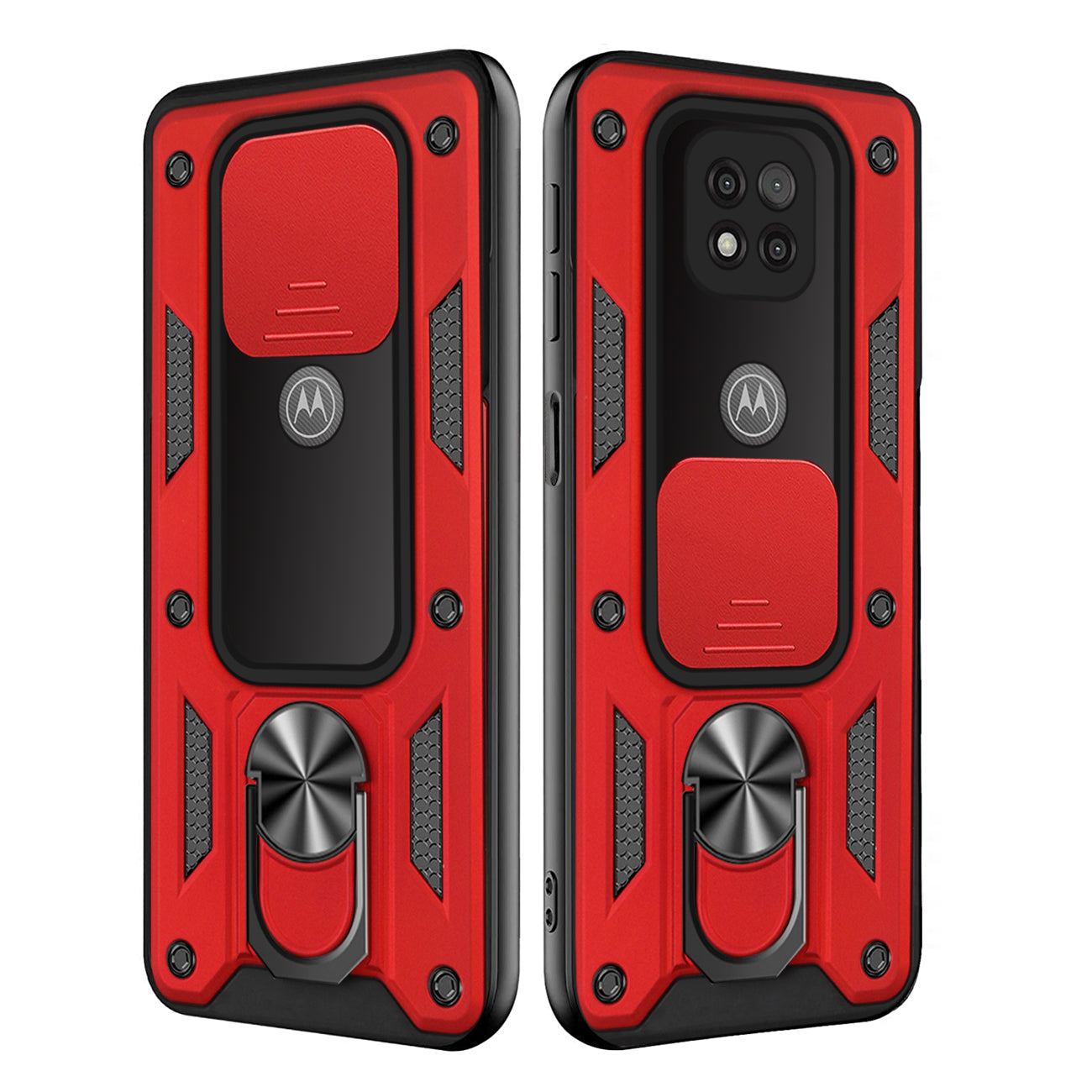 Kickstand Ring Holder with Slide Camera Cover TPU Shockproof Case and Magnetic Car Mount for MOTOROLA G POWER In Red