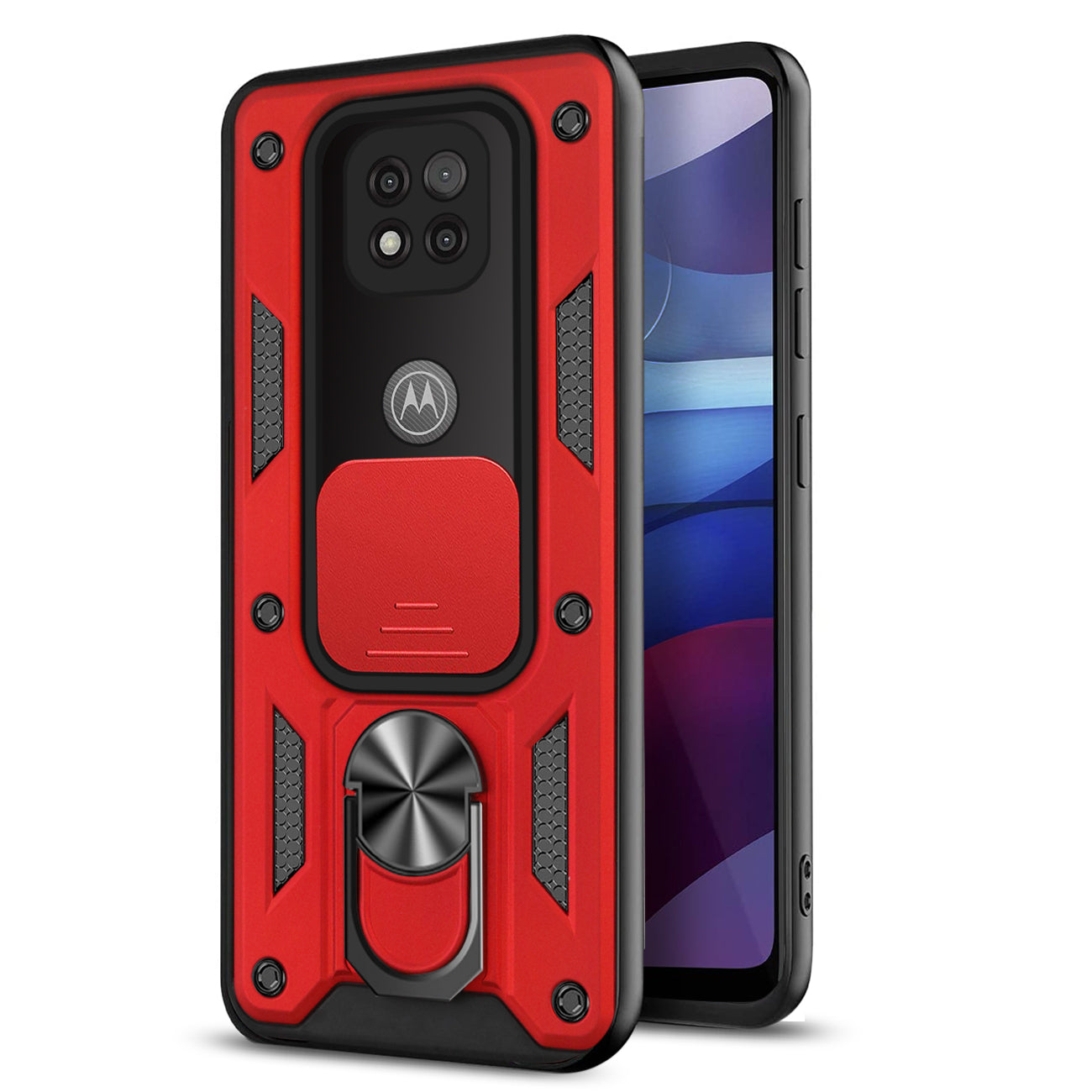 Kickstand Ring Holder with Slide Camera Cover TPU Shockproof Case and Magnetic Car Mount for MOTOROLA G POWER In Red