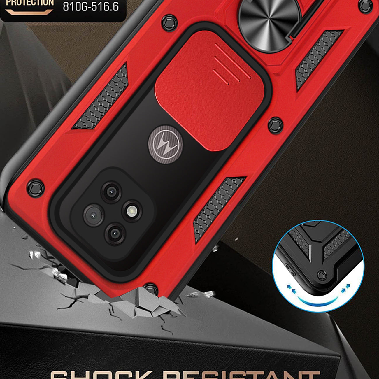 Kickstand Ring Holder with Slide Camera Cover TPU Shockproof Case and Magnetic Car Mount for MOTOROLA G POWER In Red