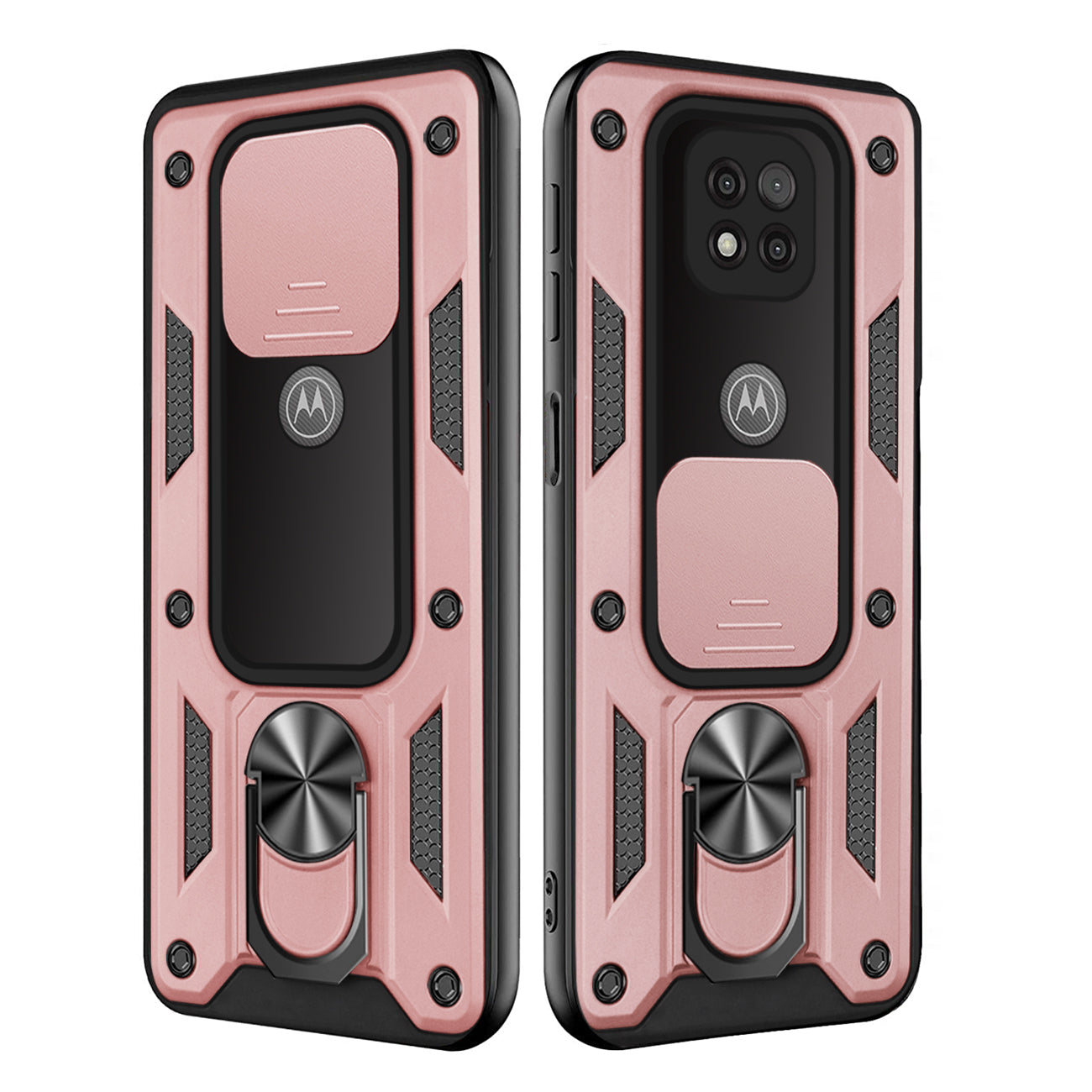 Kickstand Ring Holder with Slide Camera Cover TPU Shockproof Case and Magnetic Car Mount for MOTOROLA G POWER In Rose Gold