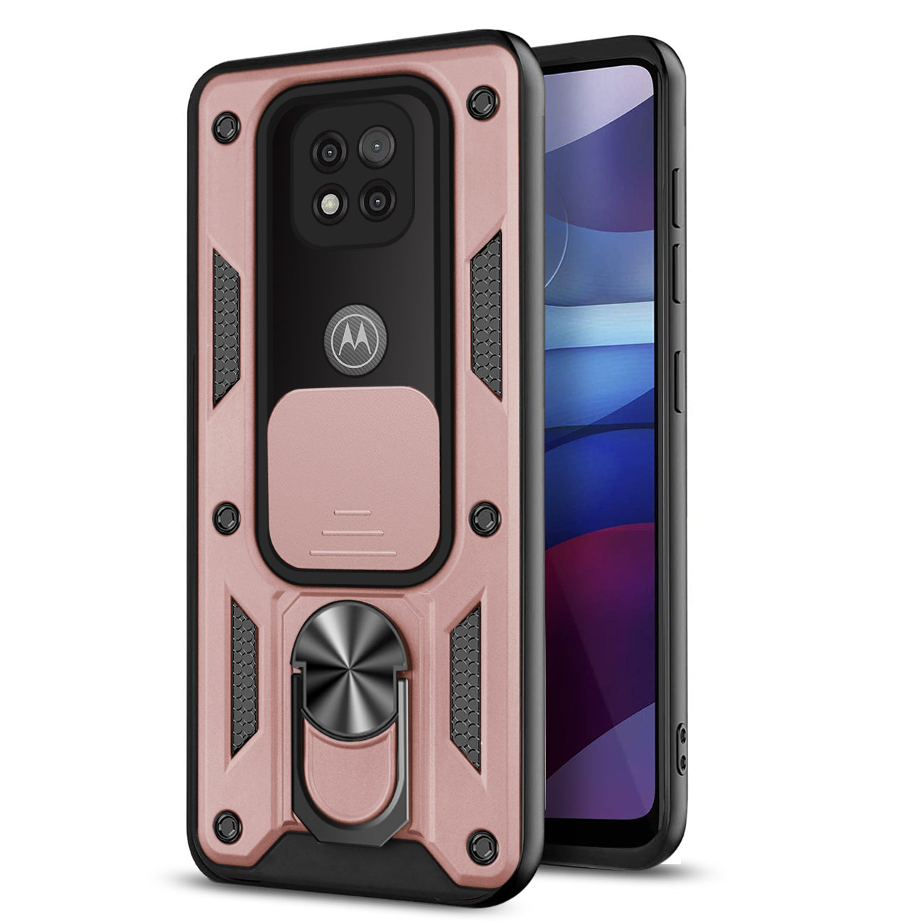 Kickstand Ring Holder with Slide Camera Cover TPU Shockproof Case and Magnetic Car Mount for MOTOROLA G POWER In Rose Gold