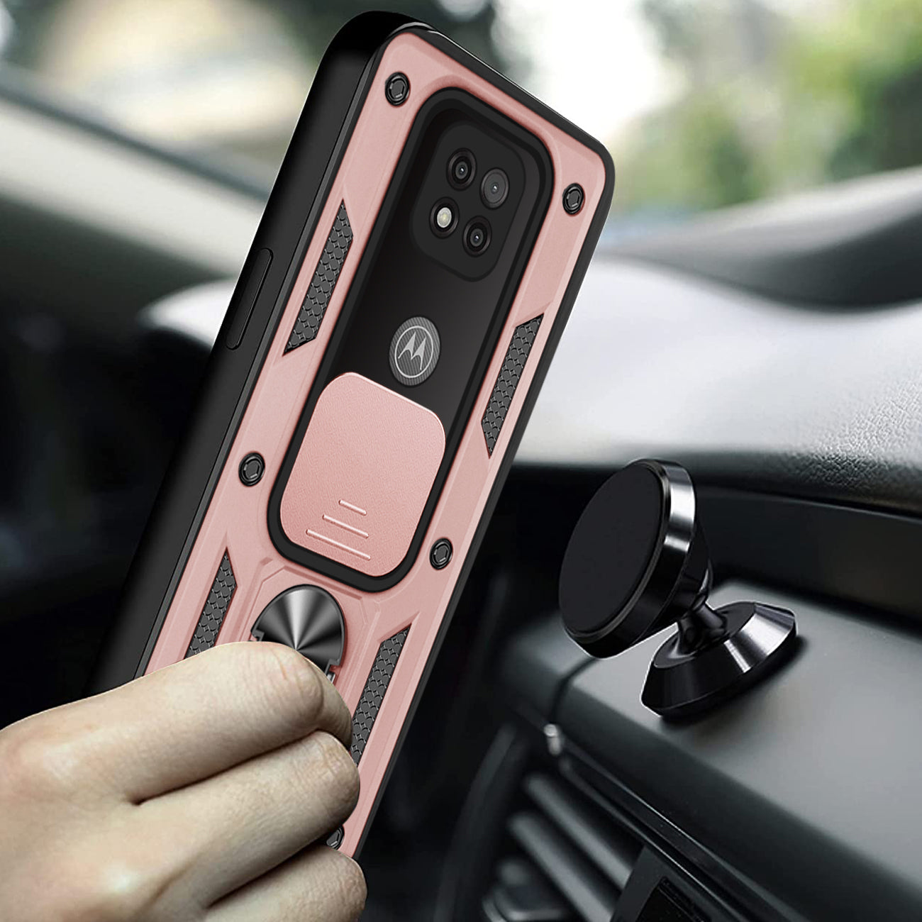 Kickstand Ring Holder with Slide Camera Cover TPU Shockproof Case and Magnetic Car Mount for MOTOROLA G POWER In Rose Gold