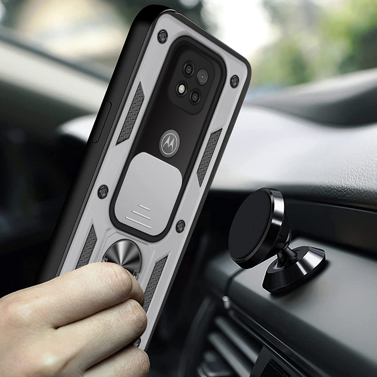 Kickstand Ring Holder with Slide Camera Cover TPU Shockproof Case and Magnetic Car Mount for MOTOROLA G POWER In Silver