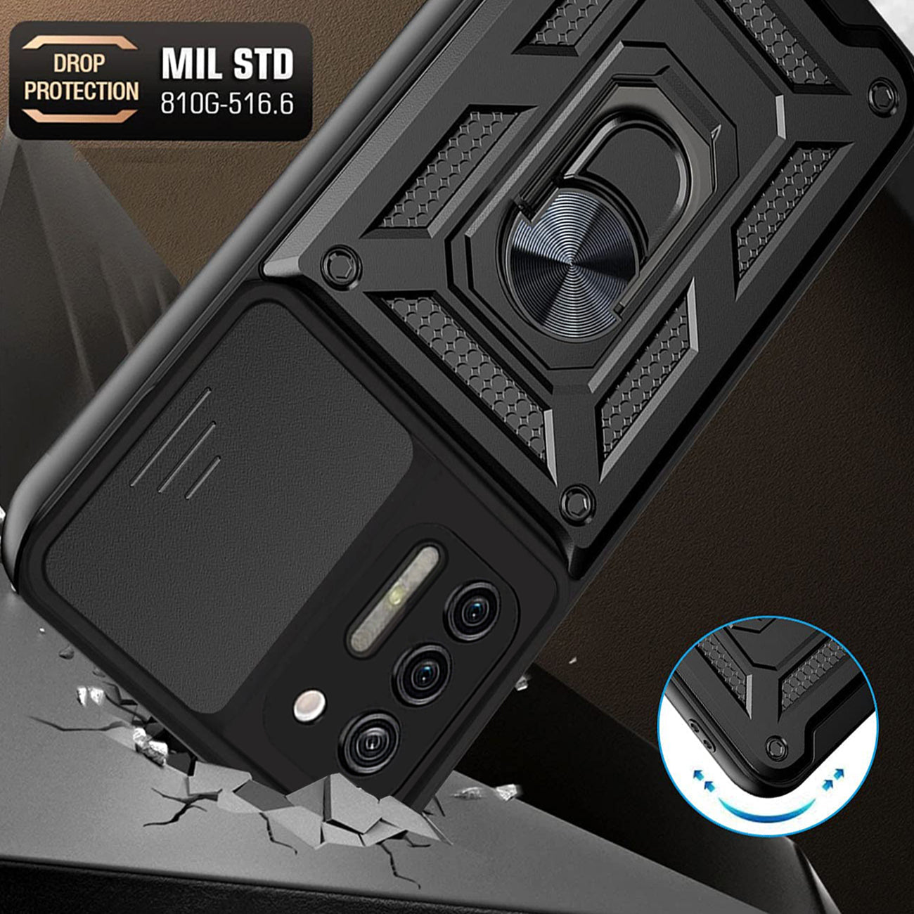 Case TPU Shockproof Kickstand Ring Holder Slide Camera Cover Magnetic Car Mount Motorola G Stylus Black Color