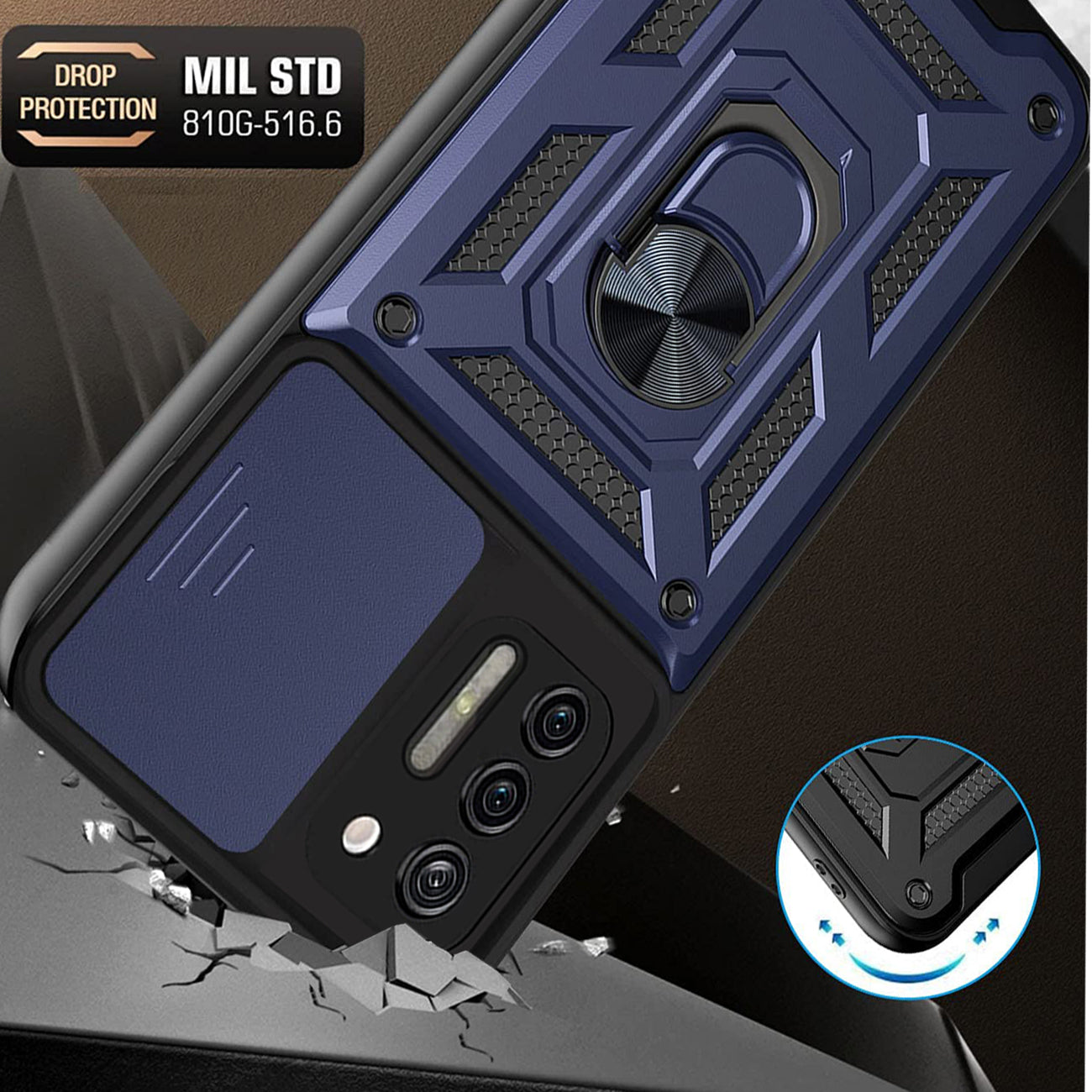 Case TPU Shockproof Kickstand Ring Holder Slide Camera Cover Magnetic Car Mount Motorola G Stylus Blue Color