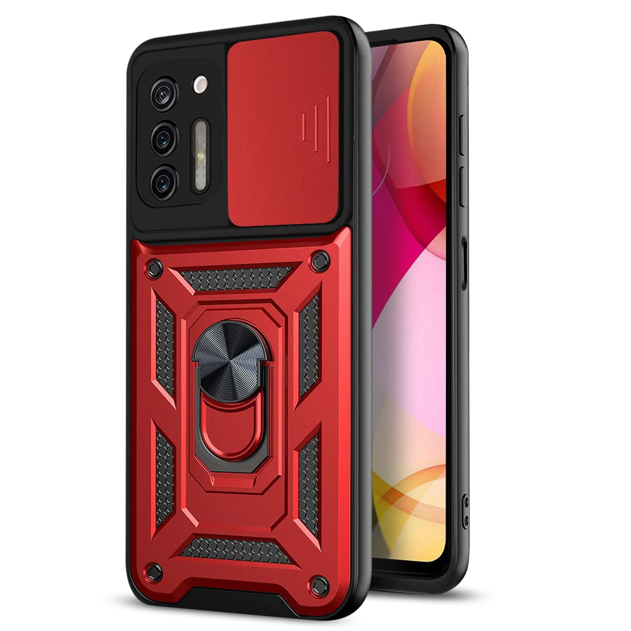 Case TPU Shockproof Kickstand Ring Holder Slide Camera Cover Magnetic Car Mount Motorola G Stylus Red Color