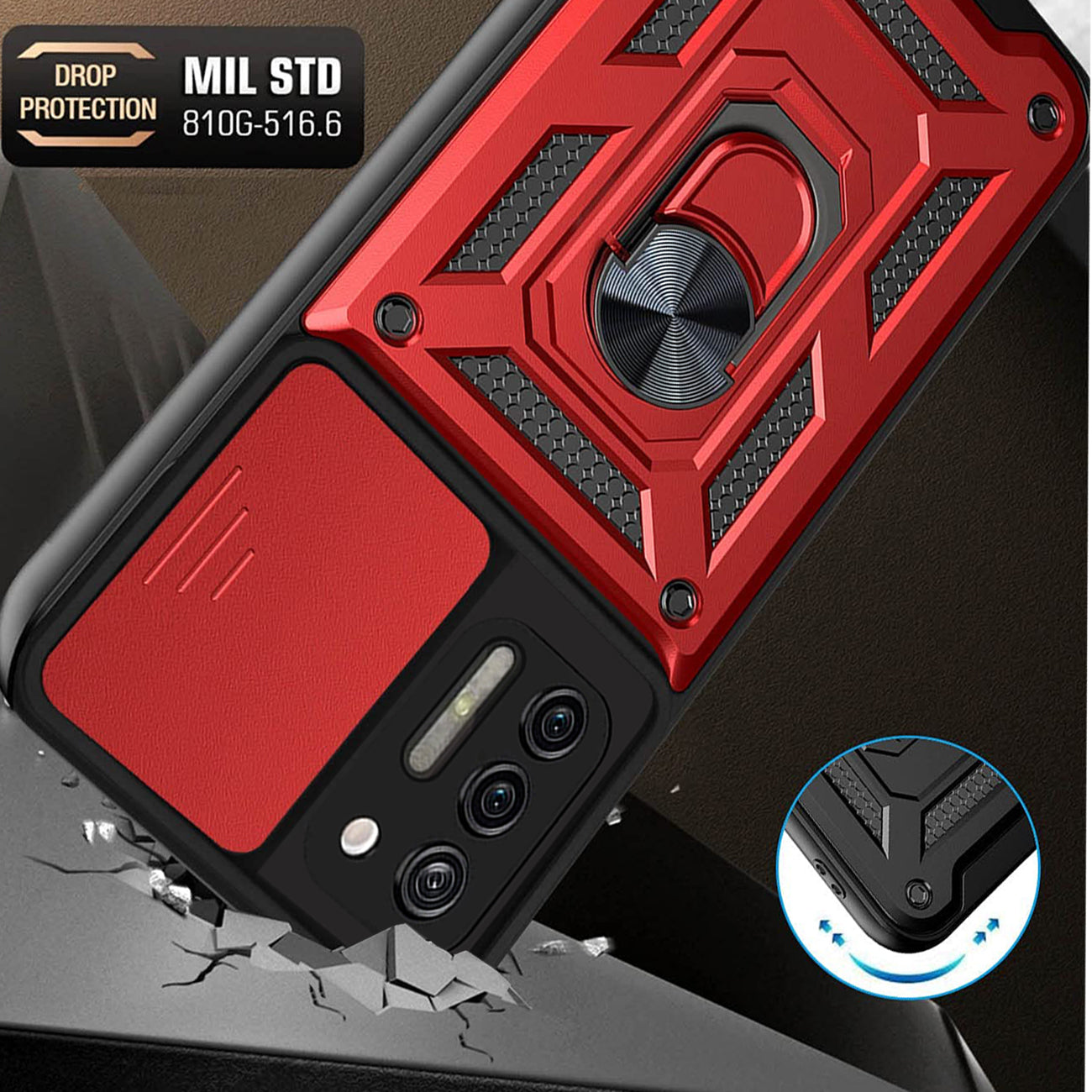 Case TPU Shockproof Kickstand Ring Holder Slide Camera Cover Magnetic Car Mount Motorola G Stylus Red Color