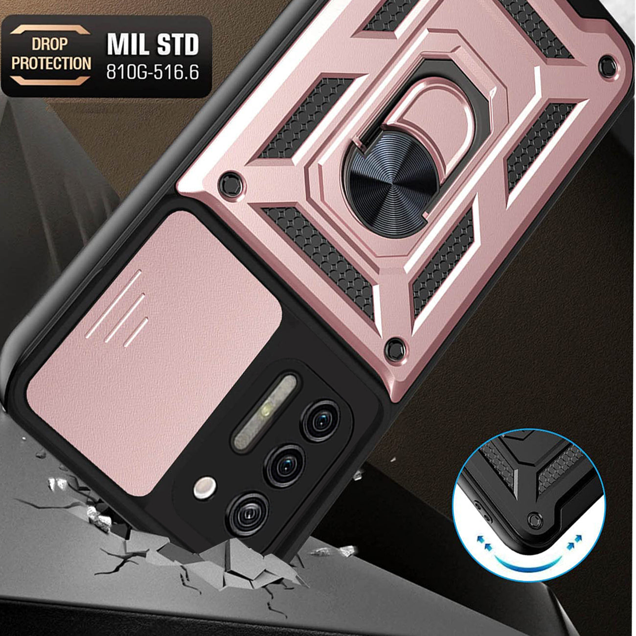 Case TPU Shockproof Kickstand Ring Holder Slide Camera Cover Magnetic Car Mount Motorola G Stylus Rose Gold Color