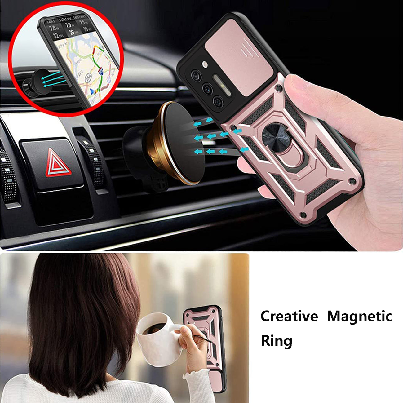 Case TPU Shockproof Kickstand Ring Holder Slide Camera Cover Magnetic Car Mount Motorola G Stylus Rose Gold Color