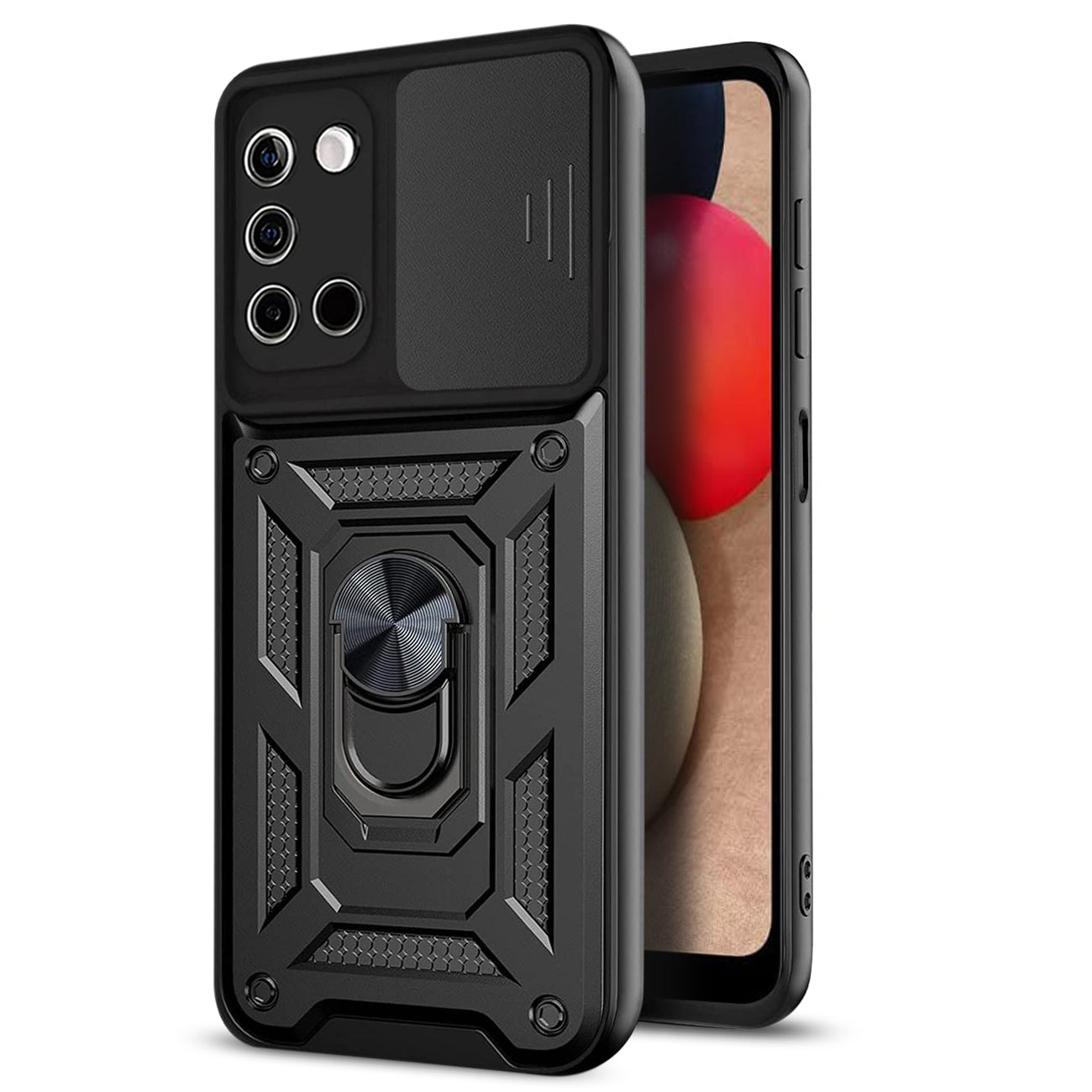 Kickstand Ring Holder with Slide Camera Cover TPU Shockproof Case and Magnetic Car Mount for SAMSUNG GALAXY A02S In Black