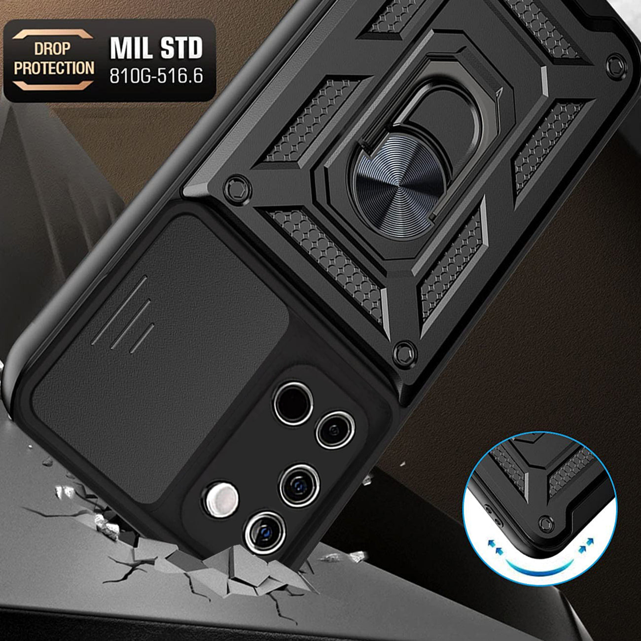 Kickstand Ring Holder with Slide Camera Cover TPU Shockproof Case and Magnetic Car Mount for SAMSUNG GALAXY A02S In Black