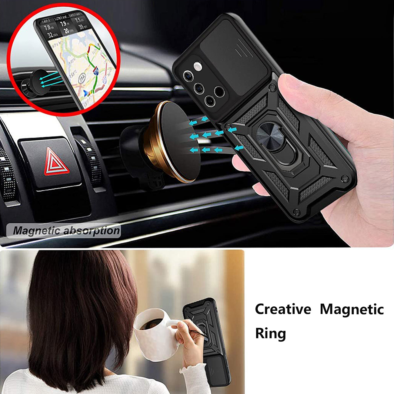 Kickstand Ring Holder with Slide Camera Cover TPU Shockproof Case and Magnetic Car Mount for SAMSUNG GALAXY A02S In Black