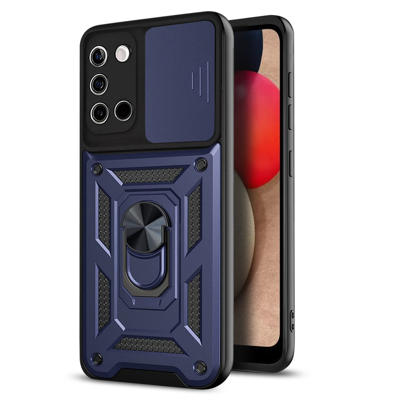 Kickstand Ring Holder with Slide Camera Cover TPU Shockproof Case and Magnetic Car Mount for SAMSUNG GALAXY A02S In Blue