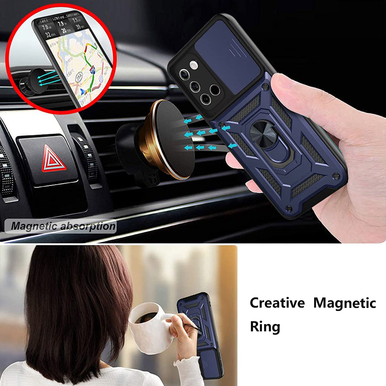 Kickstand Ring Holder with Slide Camera Cover TPU Shockproof Case and Magnetic Car Mount for SAMSUNG GALAXY A02S In Blue