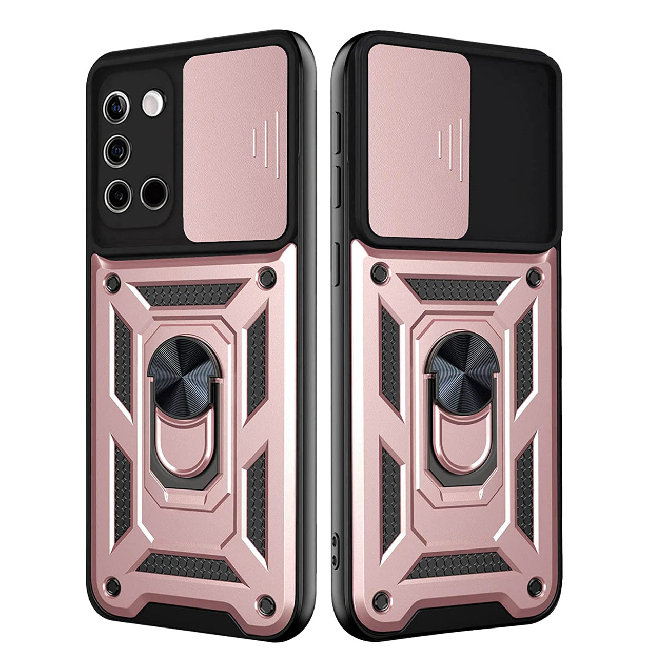 Kickstand Ring Holder with Slide Camera Cover TPU Shockproof Case and Magnetic Car Mount for SAMSUNG GALAXY A02S In Rose Gold
